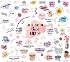 the words in spanish and english are arranged on a white background with colorful watercolors