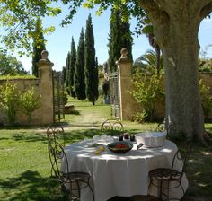 an image of a table and chairs in the middle of a yard with trees on either side