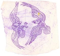 two purple birds flying next to each other on a piece of paper with writing underneath it