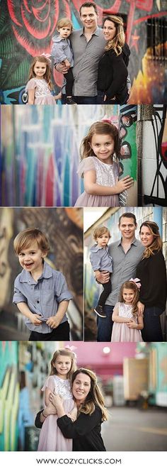 the family is posing for pictures in front of graffiti