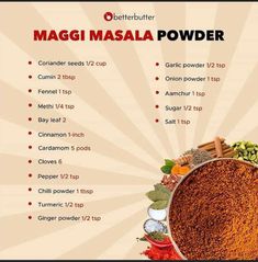 the ingredients for maggi masala powder are shown in this poster, which includes spices and seasonings