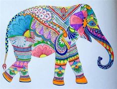 an elephant is painted in bright colors on a white background and has intricate designs all over it