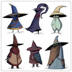 four cartoon witches with hats and scarves on their heads, all dressed in different colors