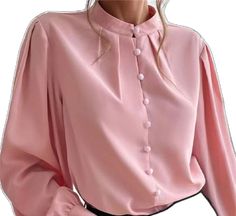 Elegant Non-stretch Solid Color Blouse, Elegant Tops With Back Button Closure, Pink Collared Solid Color Blouse, Pink Collared Blouse With Solid Color, Collared Solid Pink Blouse, Pink Solid Color Collared Top, Plain Solid Long Sleeve Shirt, Solid Color Plain Long Sleeve Shirt, Pink Collared Top