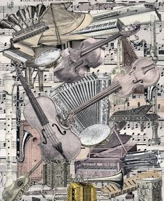 an image of musical instruments and music sheet paper wall art print by artist michael miller