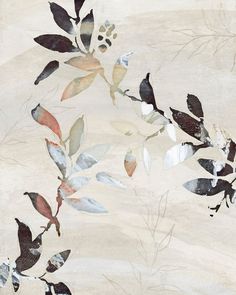 an abstract painting of leaves and branches on a beige background with black, red, white and grey colors