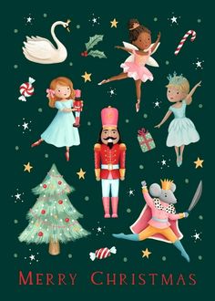 a christmas card with nutcrackers, princesses and other holiday items on it