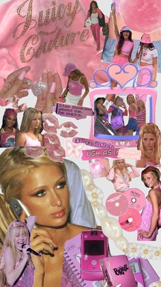 a collage of barbie dolls and other items in pink, white and blue colors