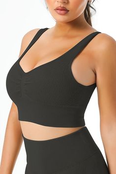 Black Plain Ribbed V Neck Sports Bra Black Ribbed Stretch Activewear, Black Stretch Ribbed Activewear, Solid Color Activewear For Gym, Ribbed Sports Bra For Gym, Black Ribbed Activewear For Sports, Black Ribbed Workout Top, Black Ribbed Gym Activewear, Black Ribbed Athleisure Top, Black Ribbed Tops For Athleisure