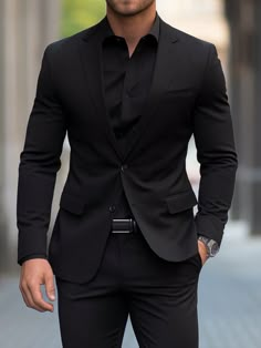 Black  Collar     Embellished Non-Stretch  Men Clothing Black Suit For Wedding Groom Attire, All Black Suit No Tie, Suits Men All Black, Black Fitted Suits For Men, Men Poses In Suit, Best Men Suits Style, Mens Suits Black Classy, Men’s Suits Black, Men In All Black Suits