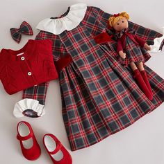 Red Tartan Dress, Red Mary Jane Shoes, Traditional Girl, Kids Christmas Outfits, Baby Dress Design, Red Tartan