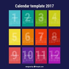 a colorful calendar with the numbers for each month in different colors and font on it