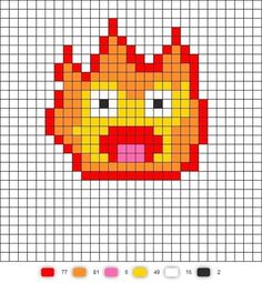 a cross stitch pattern with a red and yellow bird on it's face in squares