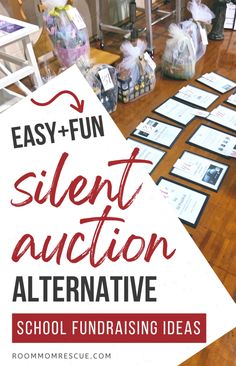 a table with some cards on it and the words, easy fun silent auction alternative for school fundraisers