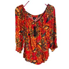 Rachel Zoe Plus Size Floral Tropical Top 1x 100% Rayon Off The Shoulder Shirred Neck And Cuffs Red Rayon Top For The Beach, Vacation Red Rayon Blouse, Cherry Blouse, Lightweight Open Front Cardigan, Tropical Top, Ruffle Hem Blouse, Doll Blouse, Boho Peasant Top, Satin Long Sleeve