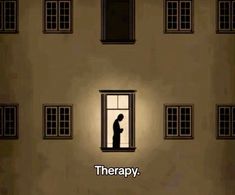 a person standing in front of a window with the words therapy on it and an image of a man looking out