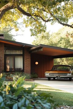 an old car is parked in front of a brick house with trees and grass around it