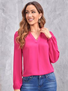 Color Fucsia, Blouson Sleeve, Plain Tops, Spring Women, Top Summer, Pink Outfits, Pink Top, Solid Tops, Women Tops