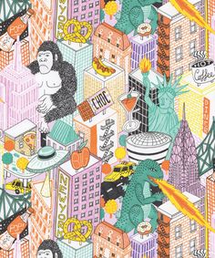 an illustration of the statue of liberty surrounded by buildings and other things in new york