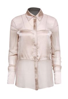 Current Boutique-Robert Rodriguez - Champagne Silk Sheer & Satin Blocked Blouse Sz 4 French Girl Chic, Heeled Mule, Robert Rodriguez, Silk Button Up, Collared Blouse, Buy Shoes Online, Satin Silk, French Girl, Leather Leggings