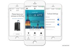 three iphones with luggage on the screen and an app showing how to use it