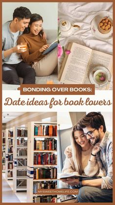 two people sitting on a couch with books in front of them and the words date ideas for book lovers