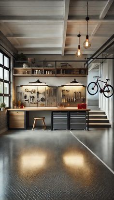 a bike is hanging from the ceiling in a room with lots of shelves and drawers