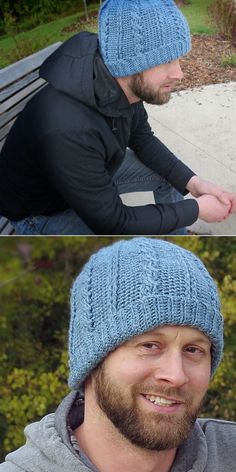 two pictures of a man wearing a blue hat