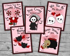 four halloween cards with skulls, bats and candy canes on pink woodgrains