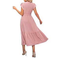 Pink V Neck Tie Waist Casual Dress Casual Flowy Belted Maxi Dress, Casual Flowy Belted Midi Dress, Feminine Belted Maxi Dress For Summer, Casual Pink Belted Dress, Casual Belted Flowy Dress, Women Dresses Casual, Casual Dress Women, Women Dresses, Dresses Casual