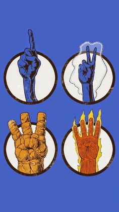 four stickers with different images of hands and fingers in the shape of peace signs