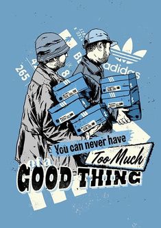 two men carrying boxes with the words good thing on it and an image of them