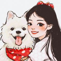 a woman holding a white dog wearing a red bandana