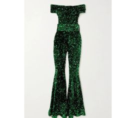 Nwot Display Size 6uk=2us Off The Shoulder Belted Waist Flare Leg Green Sequin Please No Trades Glamorous Green Jumpsuits And Rompers For Evening, Quinn Pants, 70’s Disco, Richard Quinn, Flare Jumpsuit, Green Sequins, Disco Party, Green And Gold, Emerald Green