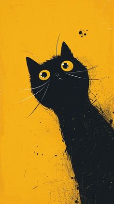 a black cat with yellow eyes looking up to the sky, on a yellow background