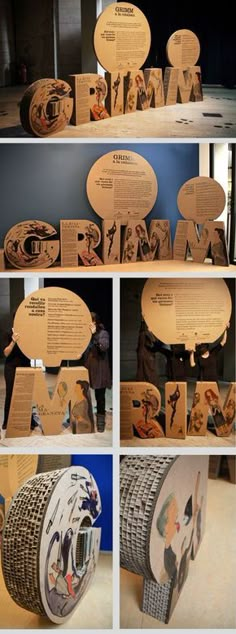 several different pictures of people and letters on display