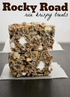 two pieces of rocky road rice krispy treats stacked on top of each other with text overlay