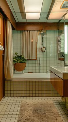 a bath room with a tub a sink and a rug in front of a window