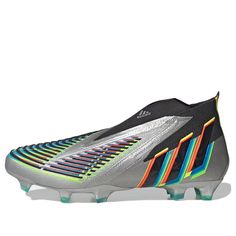 a soccer shoe with multicolored stripes on the side and bottom part of it