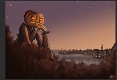 an animated halloween scene with pumpkins in the sky and buildings on the other side