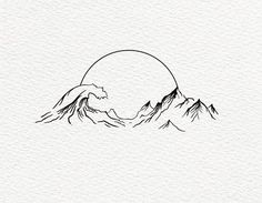 a drawing of mountains with the sun in the background