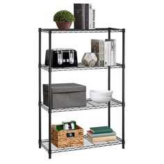 three tier shelving unit with various items on it