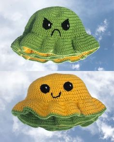 two crocheted hats with faces on them, one is green and the other is yellow