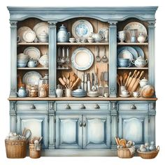 a blue china cabinet with dishes and utensils on it's side, painted in watercolor