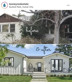 before and after photos of a house with white siding, black doors, and steps leading up to the front door