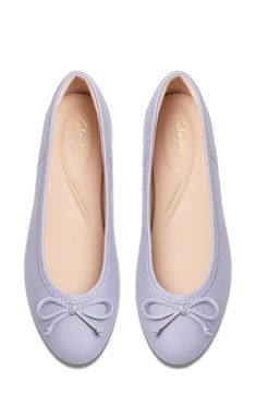 A delicate vamp bow and rich leather distinguish a timeless ballet flat grounded by a cushioned footbed for lasting comfort. Cushioned footbed Leather upper and lining/rubber sole Imported Lavender Ballet Flats, Dollette Shoes, Fancy Flat Shoes, Ballet Flats Aesthetic, Woman Flat Shoes, Purple Ballet Flats, Purple Flats, Fancy Flats, Dr Shoes