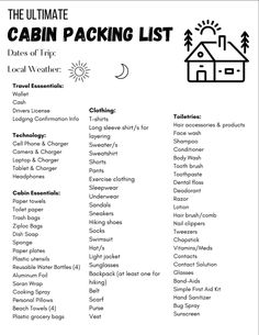 the ultimate cabin packing list is shown in black and white, with an image of a house