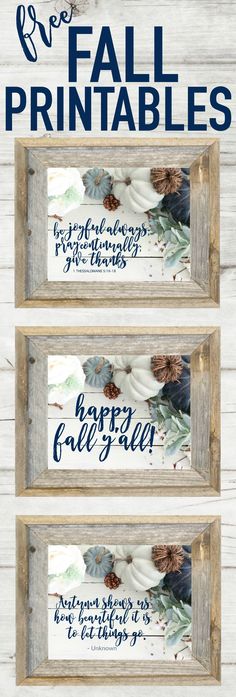 three framed fall printables with pine cones and leaves