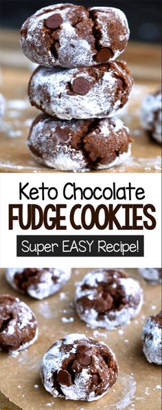 keto chocolate fudge cookies stacked on top of each other with powdered sugar