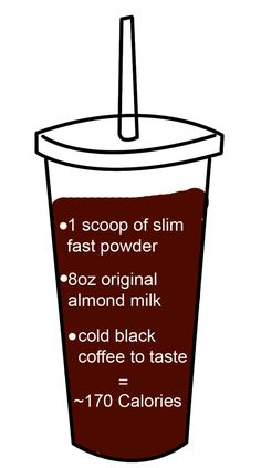 a cup with a straw in it that says 1 scoop of slim fast powder, 802 original almond milk, cold black coffee to taste = 70 calories